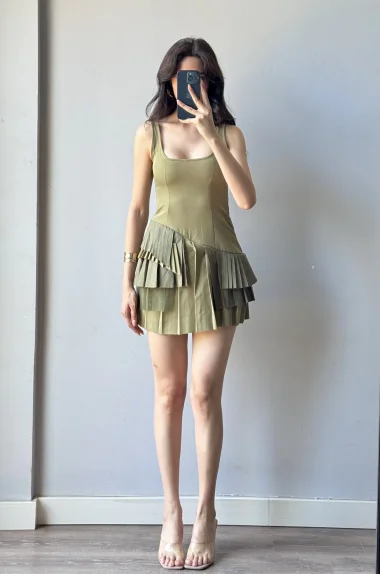 Kadın Haki Pliseli Şort Elbise 1041-2332