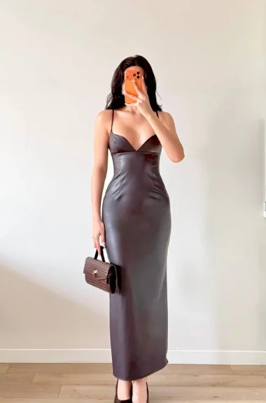 Kadın Kahve Askılı Deri Elbise 1041-2756