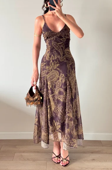 Kadın Kahve Astarlı Askılı Elbise 1040-1144