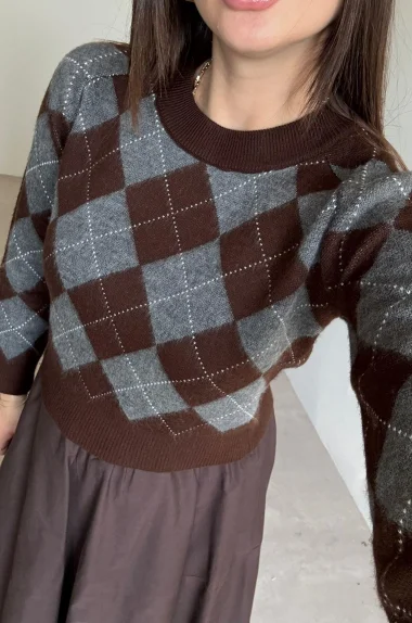 Kadın Kahve Baklava Desen Kazak 1014-5219