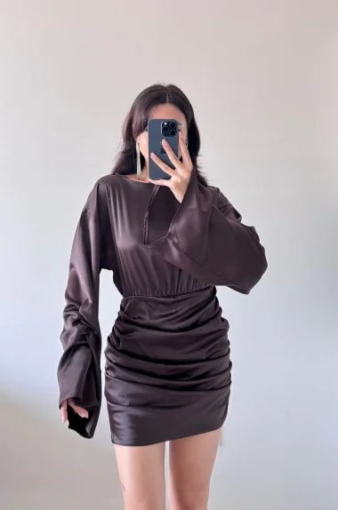 Kadın Kahve Büzgülü Elbise 1041-3751