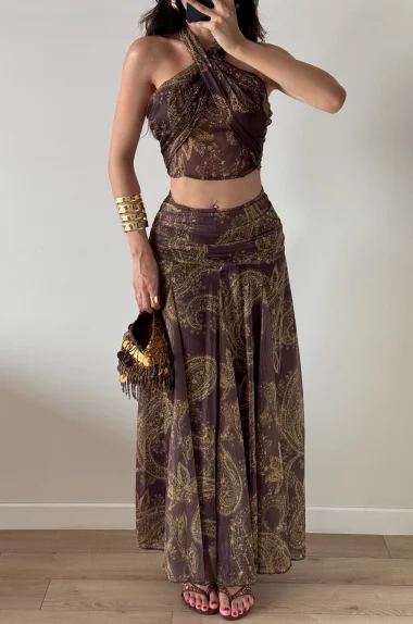 Kadın Kahve Crop Etek Takım 1040-2228