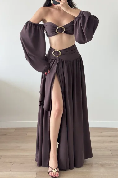 Kadın Kahve Crop Etek Takım 1041-3234