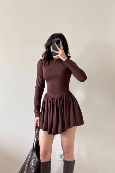 Kadın Kahve Dalgç Kumaş Balon Elbise 1041-2717