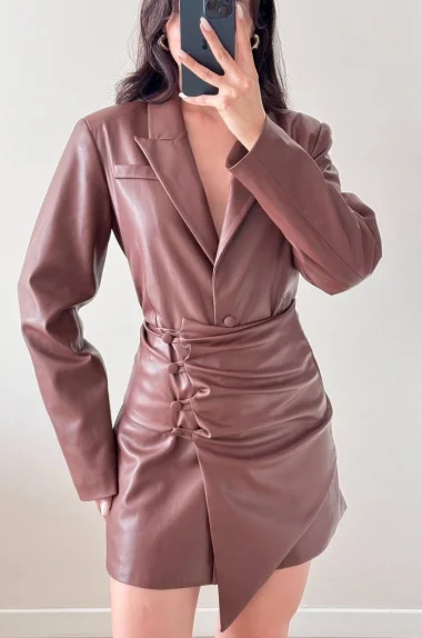 Kadın Kahve Deri Ceket Seyyar Bağlamalı Kuşak Takım 1041-2701