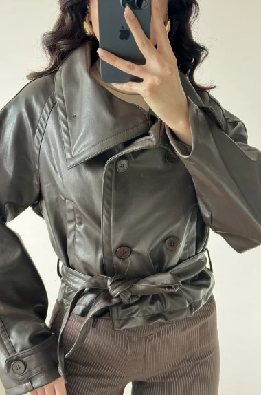 Kadın Kahve Düğmeli İnce Deri Ceket 0999-8505