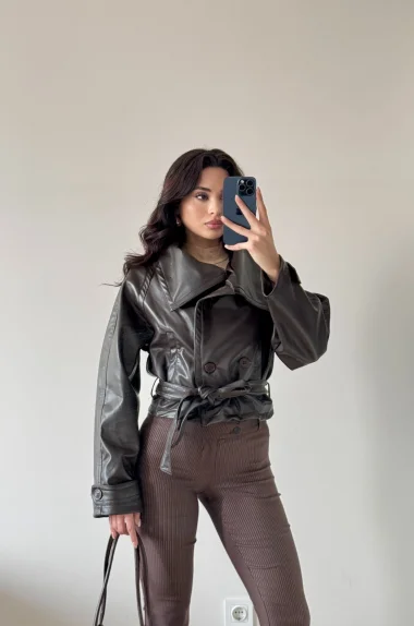 Kadın Kahve Düğmeli İnce Deri Ceket 0999-8505