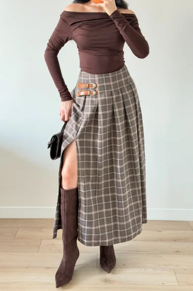 Kadın Kahve Ekose Etek 6831