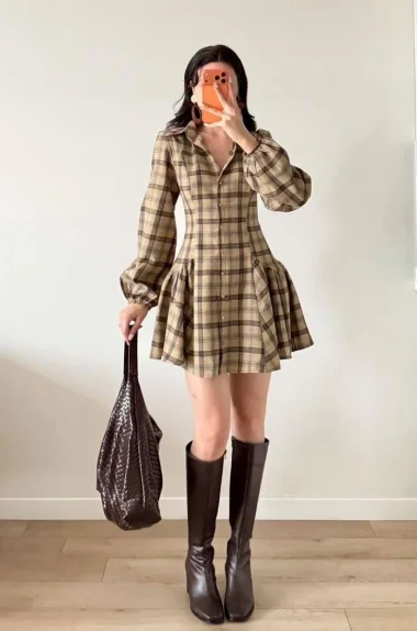 Kadın Kahve Ekose Gömlek Elbise 1041-2743