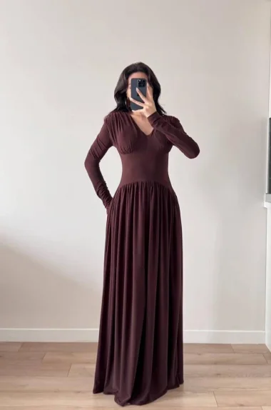 Kadın Kahve Eteği Büzgülü Dökümlü Elbise 1041-2694