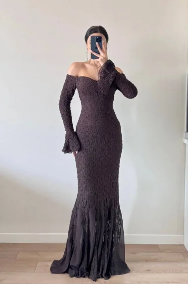 Kadın Kahve Etek Şifon Garni detaylı Dantel Elbise 1041-2738