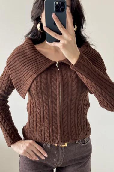 Kadın Kahve Fermuarlı Hırka 1014-2406