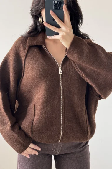 Kadın Kahve Fermuarlı Oversize Hırka 1014-2381