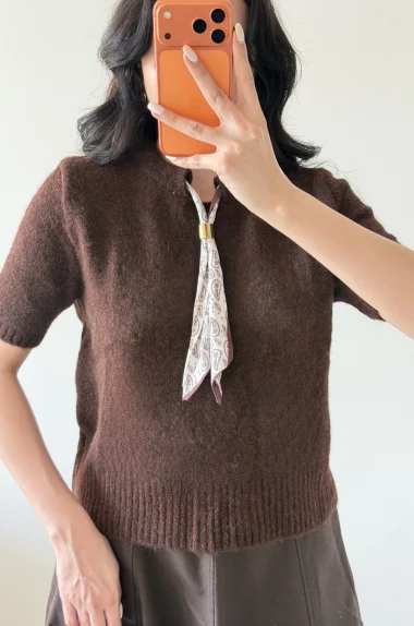 Kadın Kahve Fularlı Kısa Kol Kazak 1014-2536