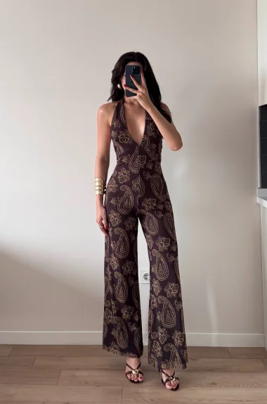 Kadın Kahve Halter Yaka Astarlı Tulum 1017-2539