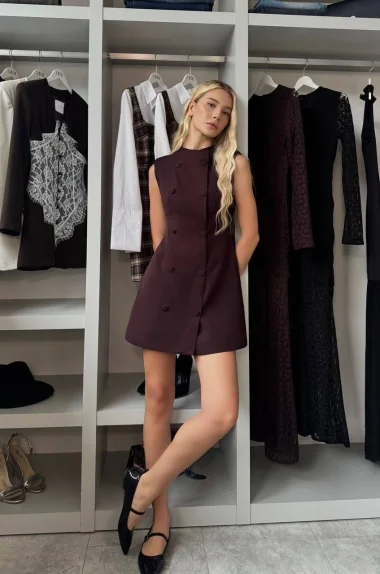 Kadın Kahve Kaplama Düğmeli Ceket Elbise 1041-2781