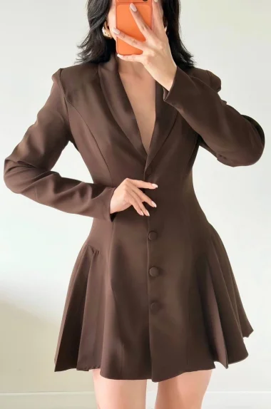 Kadın Kahve Pileli Ceket Elbise 1041-2707
