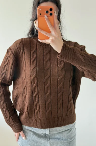 Kadın Kahve Saç Örgü Triko Kazak 1014-2573
