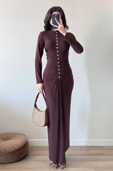 Kadın Kahve Sedef Düğme Sendy Elbise 1041-2705