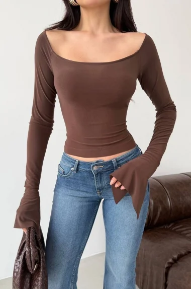 Kadın Kahve Sırt Bağlamalı İspanyol Kol Bluz 1041-2772