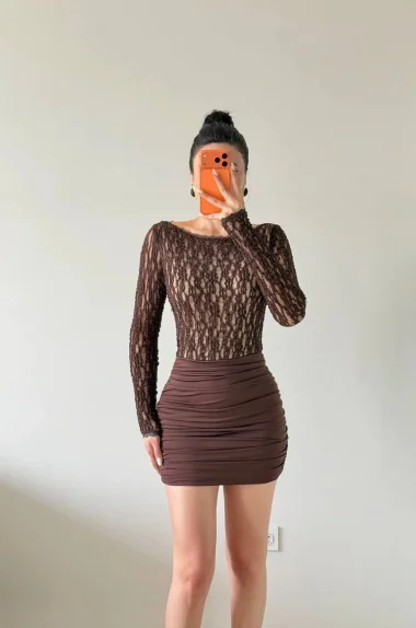 Kadın Kahve Sırt Dekolte Dantelli Elbise 1041-2767