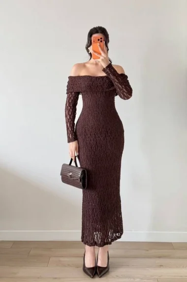 Kadın Kahve Straplez Yaka Dantelli Elbise 1041-2733