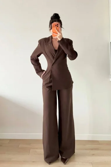Kadın Kahve Takım Görünümlü Ceketli Tulum 1041-2735