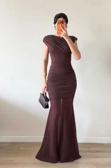 Kadın Kahve Yan Drapeli Transparan Etekli Elbise 1041-2636