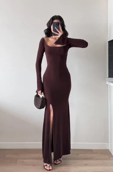 Kadın Kahve Yırtmaçlı Uzun Elbise 1041-2465