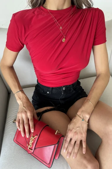 Kadın Kırmızı Büzgülü Crop Bluz EKA-0679-12244