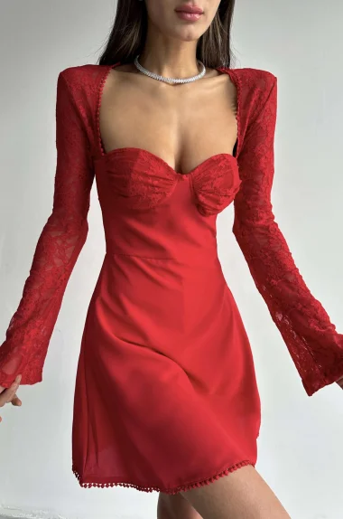 Kadın Kırmızı Dantel Detay Elbise 1026-221477