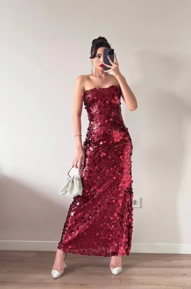 Kadın Kırmızı Straplez PulPayet Elbise 1041-2719