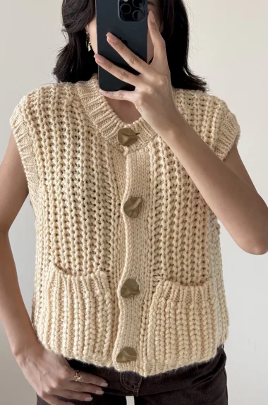 Kadın Krem Kalın Örgü Yelek 1014-2395