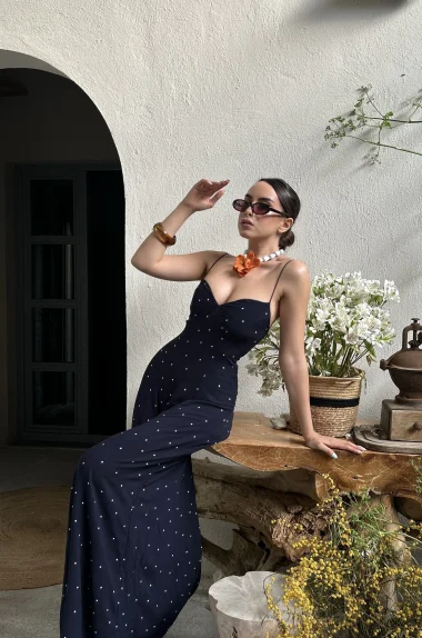 Kadın Lacivert Puantiyeli Elbise 1041-2305