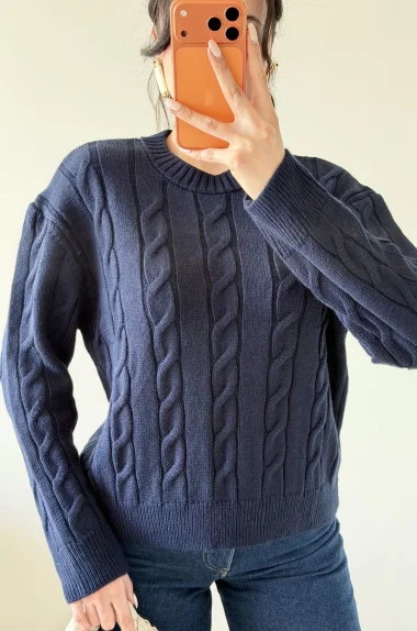 Kadın Lacivert Saç Örgü Triko Kazak 1014-2573