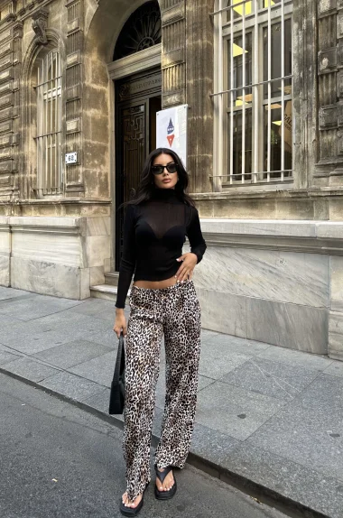 Kadın Leopar Bağcıklı Beli Lastikli Saten Pantolon 0999-9039