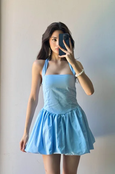 Kadın Mavi Bağlamalı Sırt Gipeli Balon Elbise 1026-221709