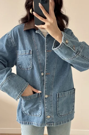 Kadın Mavi Deri Yaka Kot Mont 0570