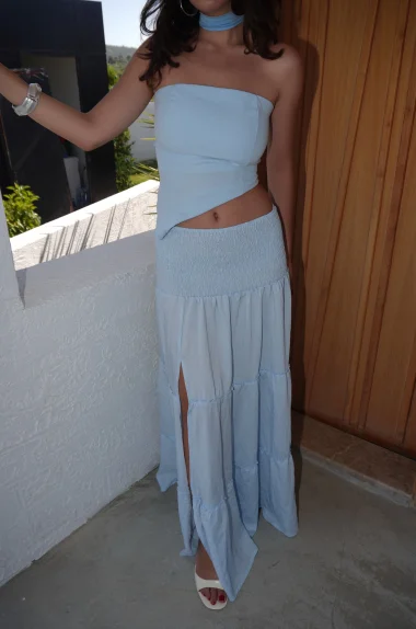 Kadın Mavi Gipeli Yırtmaçlı Etek 1006-2587