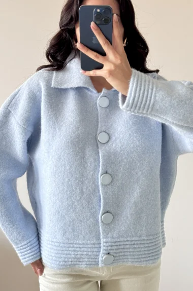 Kadın Mavi Polo Yaka Hırka 1014-2496