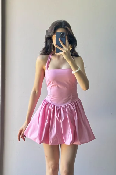 Kadın Pembe Bağlamalı Sırt Gipeli Balon Elbise 1026-221709