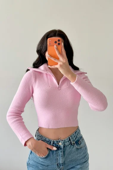 Kadın Pembe Crop Kazak 1014-2022