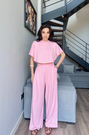 Kadın Pembe Crop Pantolon Takım 1017-0176