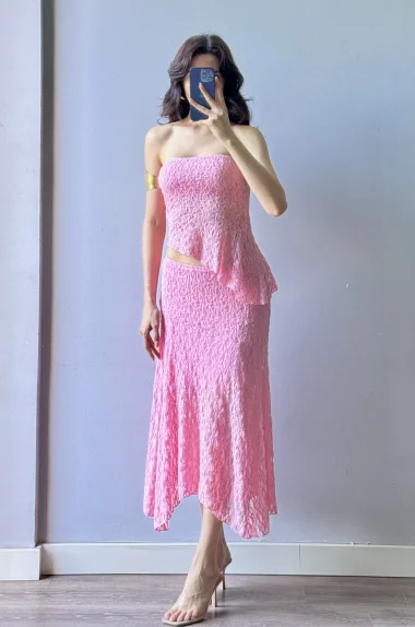 Kadın Pembe Dantel Crop Etek Takım 1026-221725