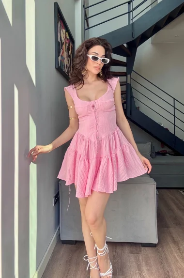 Kadın Pembe Düğme Deyalı Şort Tulum 1006-0495