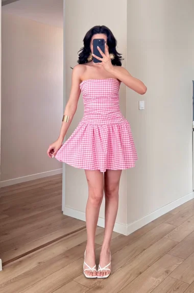 Kadın Pembe Pötikare Straplez Elbise 1041-6425