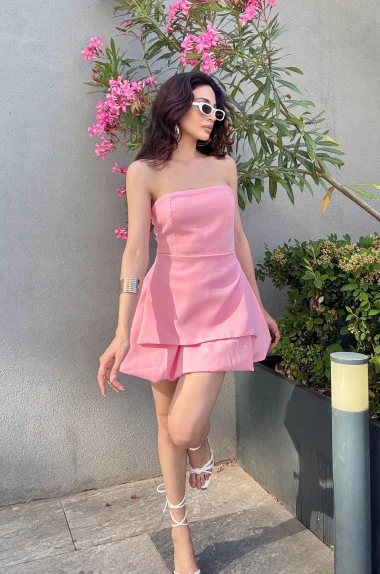 Kadın Pembe Straplez Elbise 1006-748