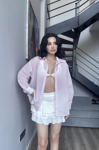 Kadın Pembe Transparan Çizgili Gömlek 1006-6876