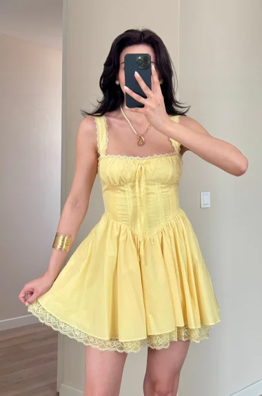 Kadın Sarı Askılı Dantel Detay Elbise 1041-2293