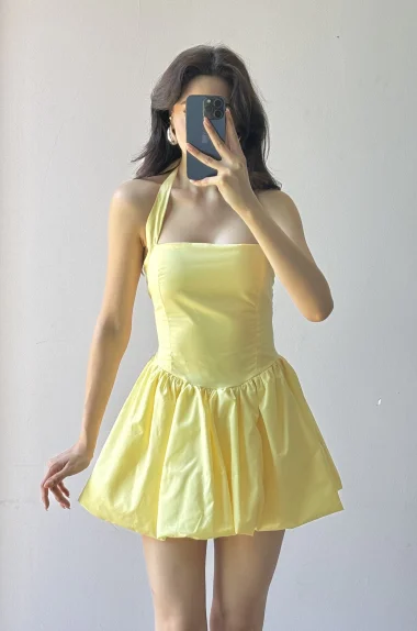 Kadın Sarı Bağlamalı Sırt Gipeli Balon Elbise 1026-221709